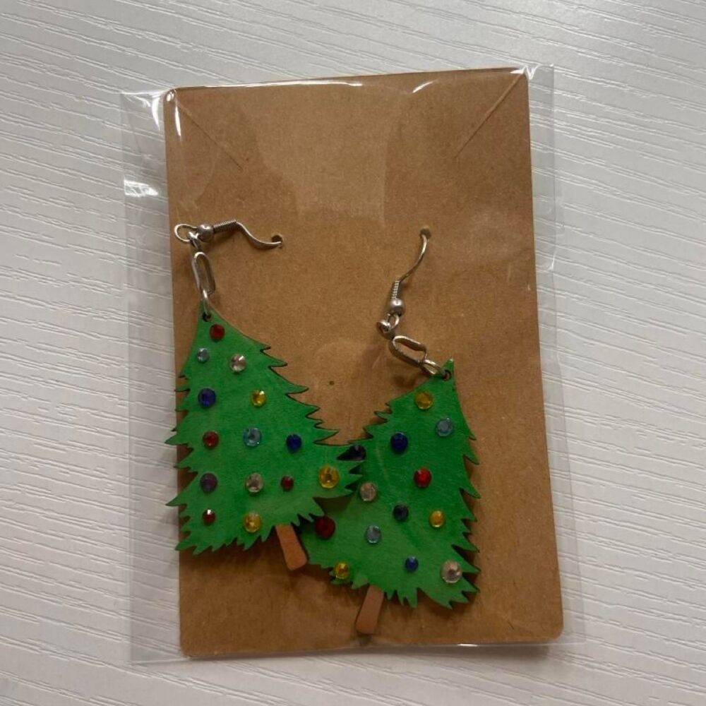 Wooden Christmas tree earrings
